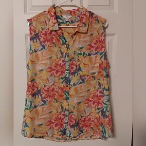 Time and Tru Tropical Pink & Yellow Linen Blend Sleeveless Button Down Shirt Top